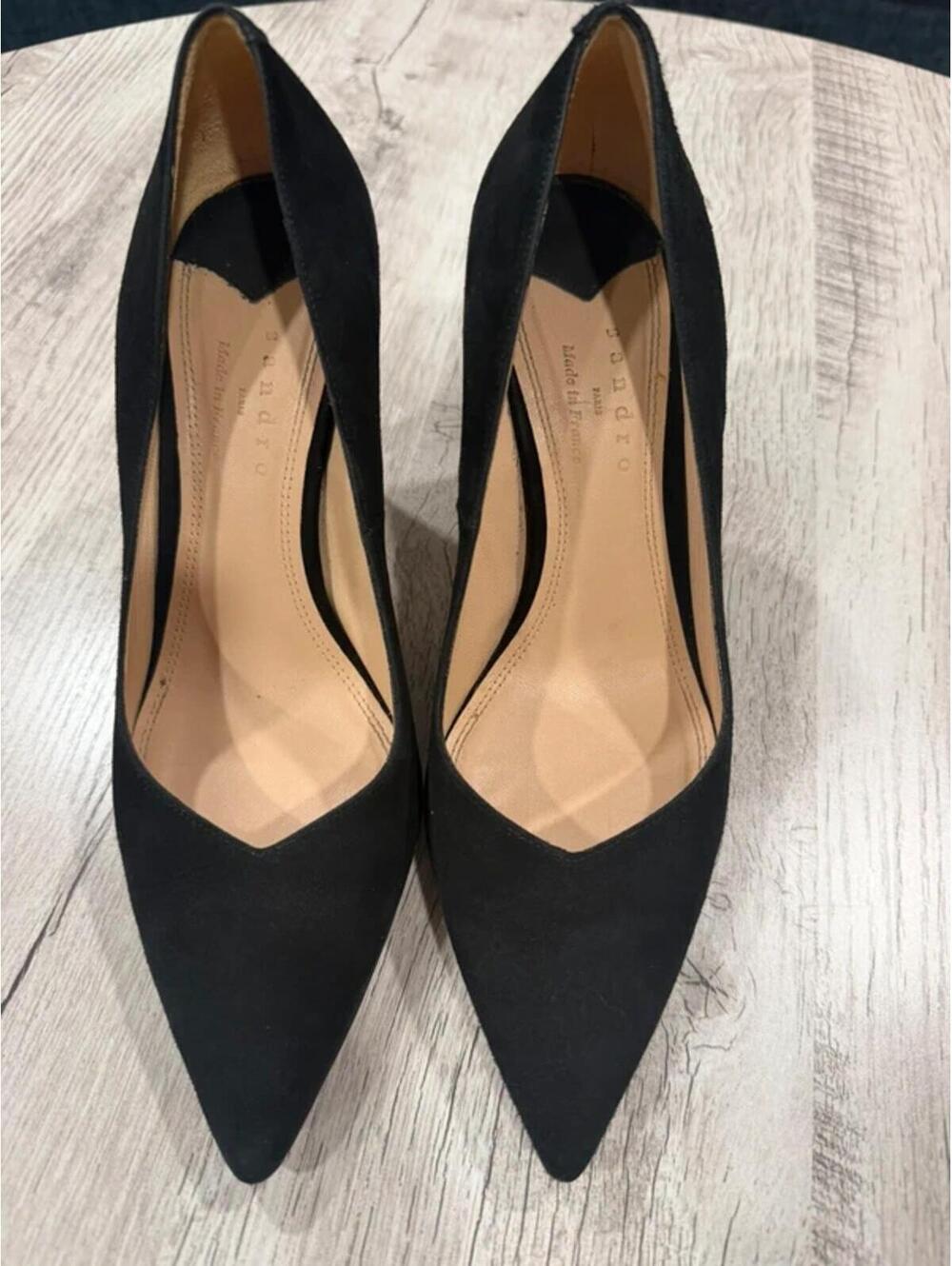 Sandro Paris Black Suede Pointed Toe Stiletto Heels Pumps Size 38 ( Fits 7.5)